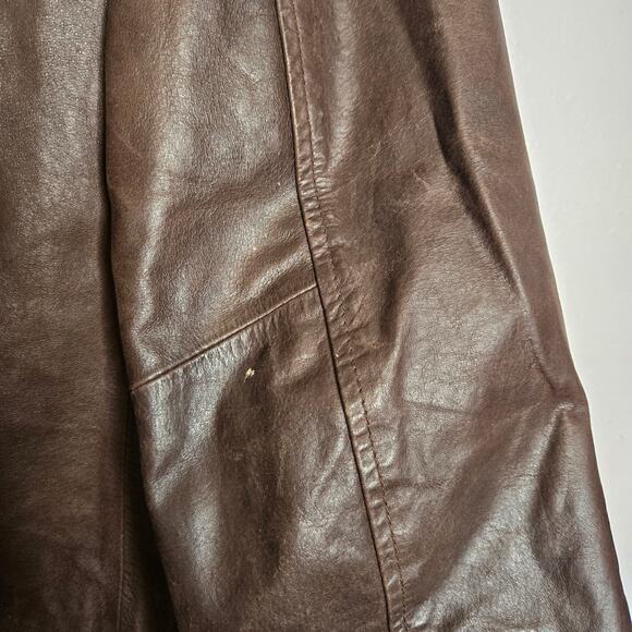 Vintage Chocolate Brown Leather Jacket Notched Lapel Button Front Coat S Classic - Picture 12 of 15